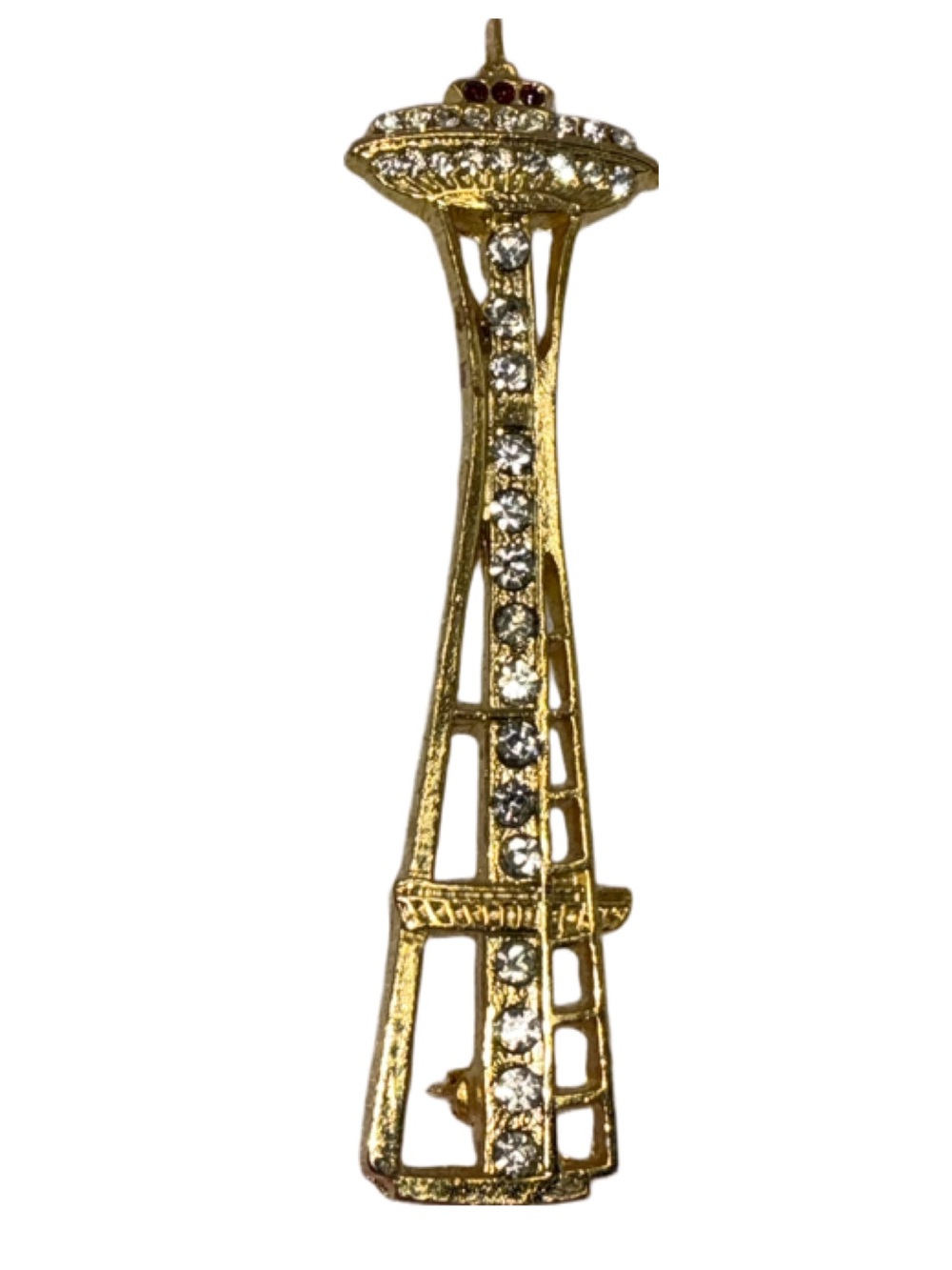 Vintage Gold Space Needle Rhinestone Brooch Seattle Landmark Pin